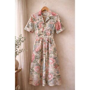 Vintage Floral Midi Dress Cottagecore Button Front Pockets Prairie 12